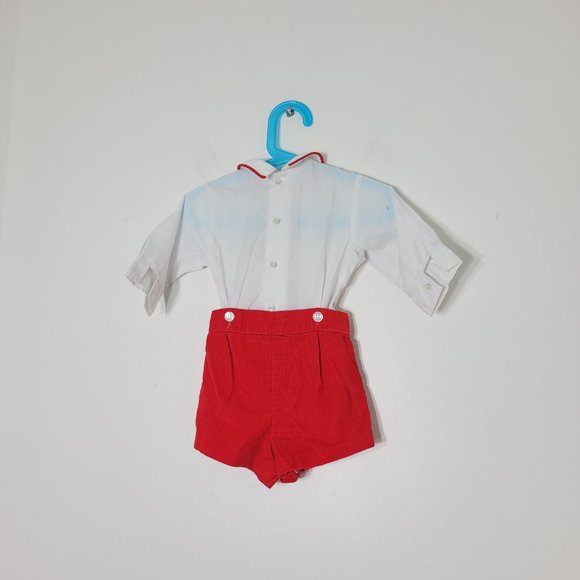 Jack Tar Three Piece Baby Outfit Corduroy Embroidered Train Red Shorts Vintage - Picture 13 of 13